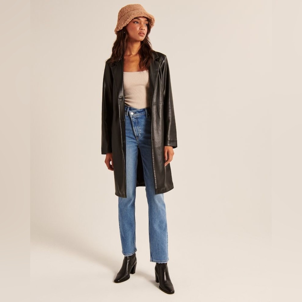 Abercrombie & Fitch vegan leather dad coat in black